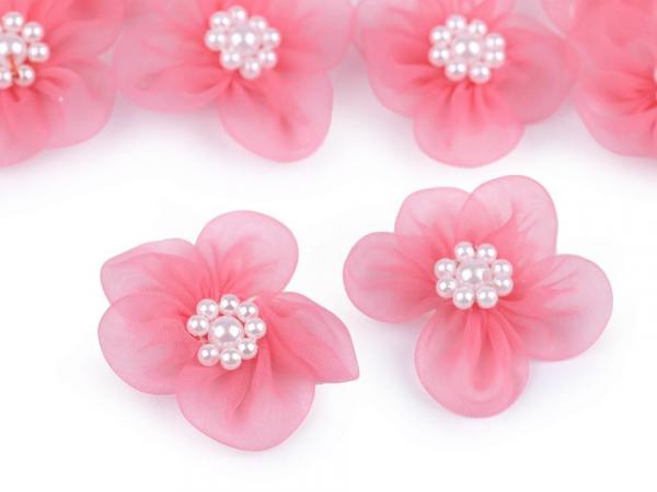 Organza Blüte mit Perlen Ø 30 mm Pink
